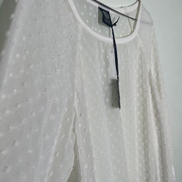 Bobeau Blouse Women Raised Polka Dot  Medium  Ivory Sheer Long Sleeve Crew Neck - Picture 11 of 11